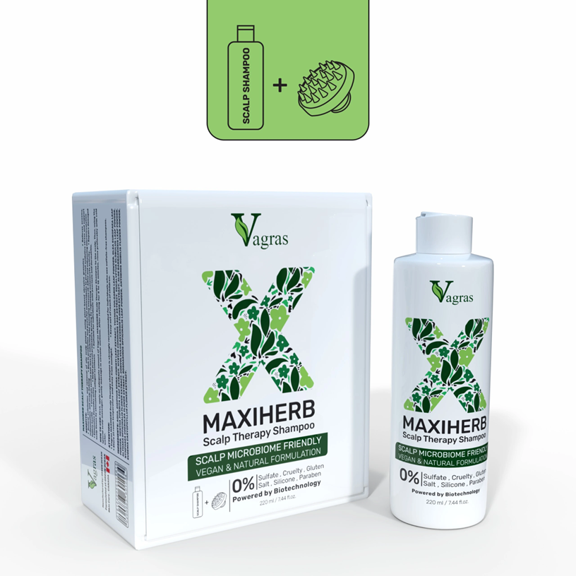 شامپو مکسی هرب واگراس اسکالپ تراپی MAXIHERB حجم 220 میلی لیتر به همراه ماساژور